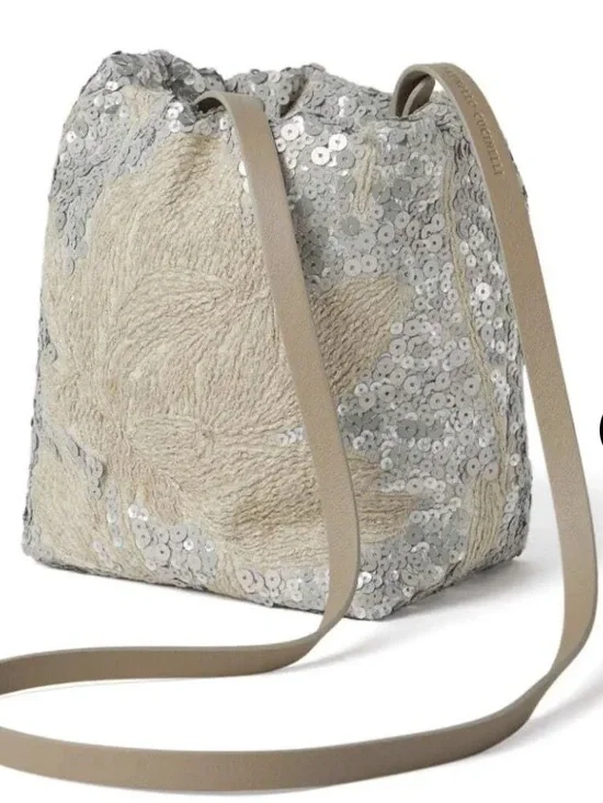 NWT Italy Brunello Cucinelli Sequined Embellished Silver Beige shoulder bag - Picture 2 of 12